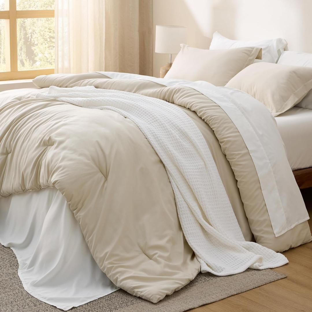 Bedsure Full Size Comforter Set - 7 Pieces Beige Full Bedding Set for All Seasons, Boho Contrasting Design Bed in a Bag with Comforter, Sheets, Pillowcases & Shams (02 - Beige/White)