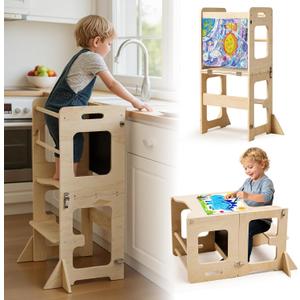 labebe Toddler Standing Tower for 12M+, Montessori Foldable Learning Standing Tower with Blackboard, Anti-tip Structure Design,Wooden Kitchen Step Helper Stool for 1-3 Year Old Boy Girl Gift