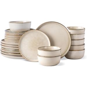 GBHOME Ceramic Dinnerware Sets for 8, 24 Pieces Stoneware Plates and Bowls Sets, Scratch Resistant Dishes, Dishwasher & Microwave Safe, Reactive Glaze-Cappuccino