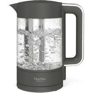 Martha Stewart Electric Kettle with Removable Stainless Steel Tea Infuser, Glass Carafe1.7L (7 Cups), Hot Water Boiler, 4 Presets, Keep Warm & Auto Shut-Off, Cordless 360 Swivel Base, Caviar Gray