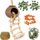 HERCOCCI Gecko Tank Accessories, Coconut Shell Ladder Hideout Hole Reptile Climbing Vine Habitat Decor with 3 Pieces Colorful Plastic Plants for Chameleon Lizard Snake Hermit Crab Leopard Gecko