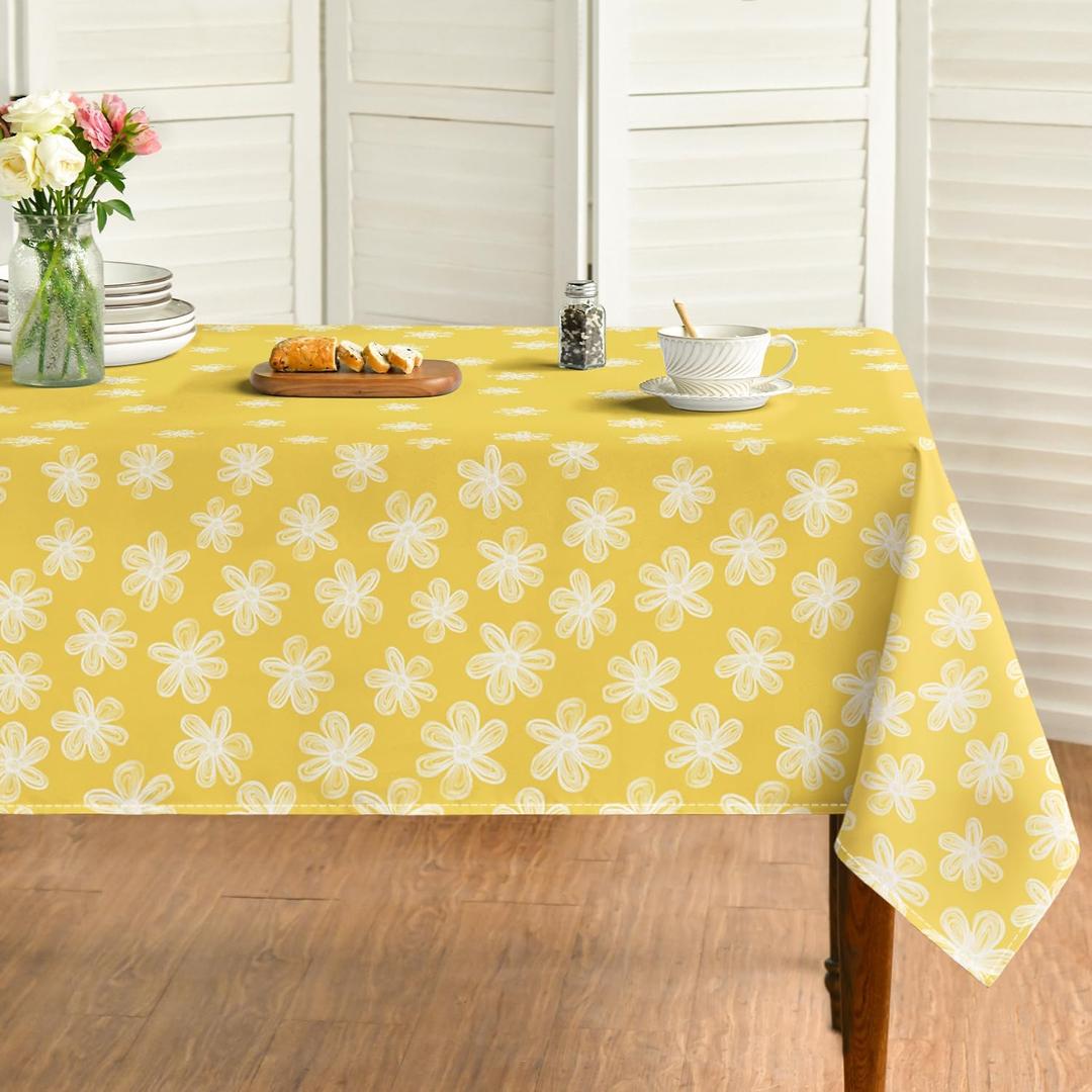 Horaldaily Spring Tablecloth 6084 Inch Rectangular, Sketchy Style Flowers Yellow Washable Seasonal Table Cover for Party Picnic Dinner Decor