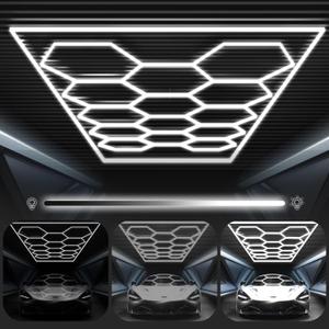 FERUERW Hexagon Garage Lights 3 Level Dimmable with Rectangle Frame, High Brightness 672W 26000 to 86400LM 6500K, 14 Hex Grid for Garage, Shop, Basement, Car Detailing Shop etc. with Mounting Clip