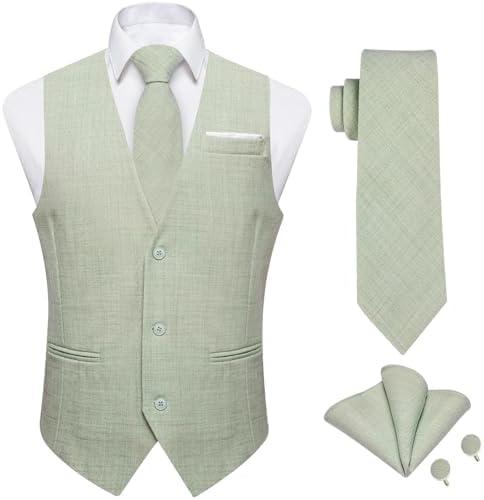 DiBanGu 4PCS Mens Suit Vest Linen Solid Color Vest for Men Wedding Casual Waistcoat Necktie Pocket Square Cufflinks 2XL