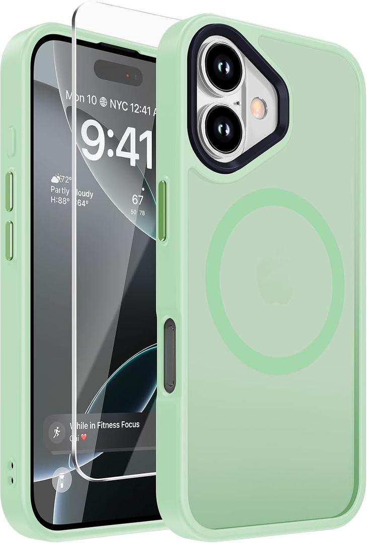 DEERLAMN Magnetic Matte Case for iPhone 16 with Screen Protector, [Compatible with MagSafe][Military Grade Drop Protection] Slim Translucent Shockproof Protective Phone Cover, Green