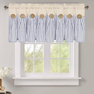 BLEUM CADE Farmhouse Valances for Windows, Cotton Linen Kitchen Curtains Valance, Boho Small Window Curtains for Kitchen, Bathroom, Cafe, Blue Stripe Valance with Rustic Buttons, 52 x 18 Inch