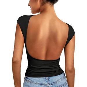 EFAN Womens Backless Tops Open Back Shirts Summer Crop Shirts Short Sleeve Cute Clothes Y2k Clothing 2025, Small