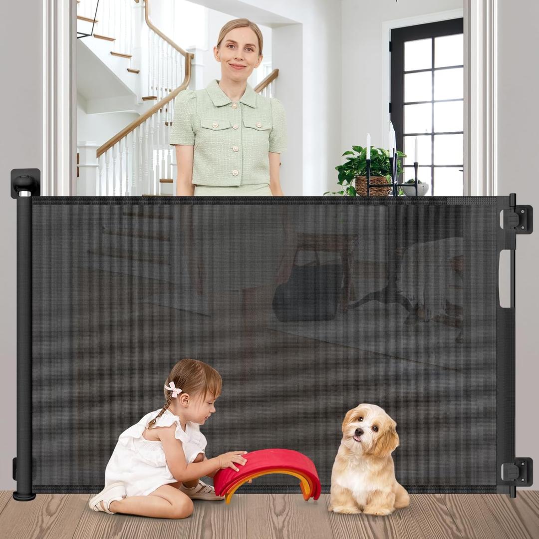 No Drill Retractable Baby Gates for Doorways 59" Wide, Punch Free Baby Gate for Stairs 33" Tall, Retractable Dog Gate for The House No Drilling Mesh Pet Gate Indoor, Black