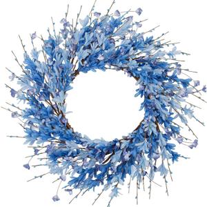 24 Inch Artificial Blue Forsythia Flower Wreath, Silk & Paper Bridal Floral Wreath for Front Door, Elegant Beach Nautical Themed Wedding & Spring Summer Decor, All Season Farmhouse Porch Wall Decor