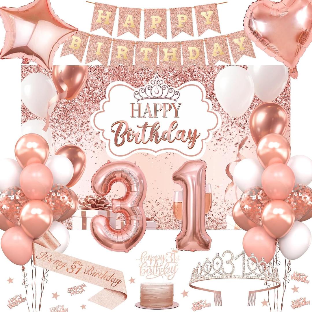 31st Birthday Decorations for Women, 52pcs Sweet Rose Gold Happy 31 Birthday Decorations Including 31st Rose Gold Crown, Sash, Banner, Background for 31 Party Decorations Set