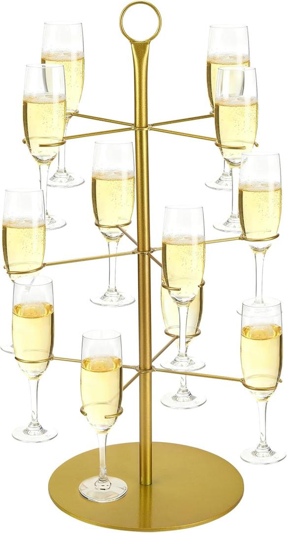 Cocktail Tree Stand - Mimosa Margarita Cups Metal Tower, Drink Towers for Christmas Parties, Champagne Martini Tower for Thanksgiving Holiday Wedding Birthday Party Gifts, Gold, 3 Tier 12 Holders