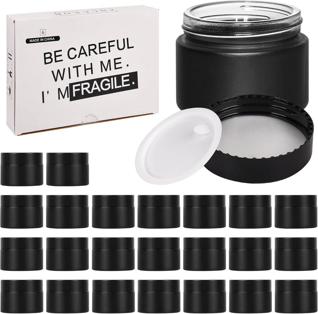 2 oz Glass Jars with Lids, Round Airtight Cosmetic Jars with Inner Liners, Empty Containers for Lotions, Ointments, Candle Making, Creams, DIY Projects (24 Pack, Black Frosted)
