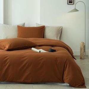 QKTE 100% Washed Cotton Duvet Cover Set 3pcs Linen Feel Queen Duvet Cover Breathable Durable Comfy Twill Bedding (Pumpkin, 88" x 92")