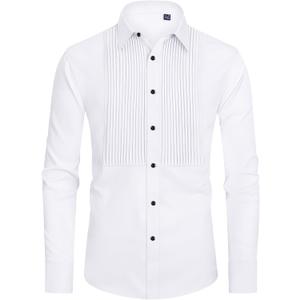 J.VER Men's Tuxedo Shirt Formal Dress Shirt Pleated Long Sleeve Button Down Shirts for Prom Party Wedding (Medium, White)