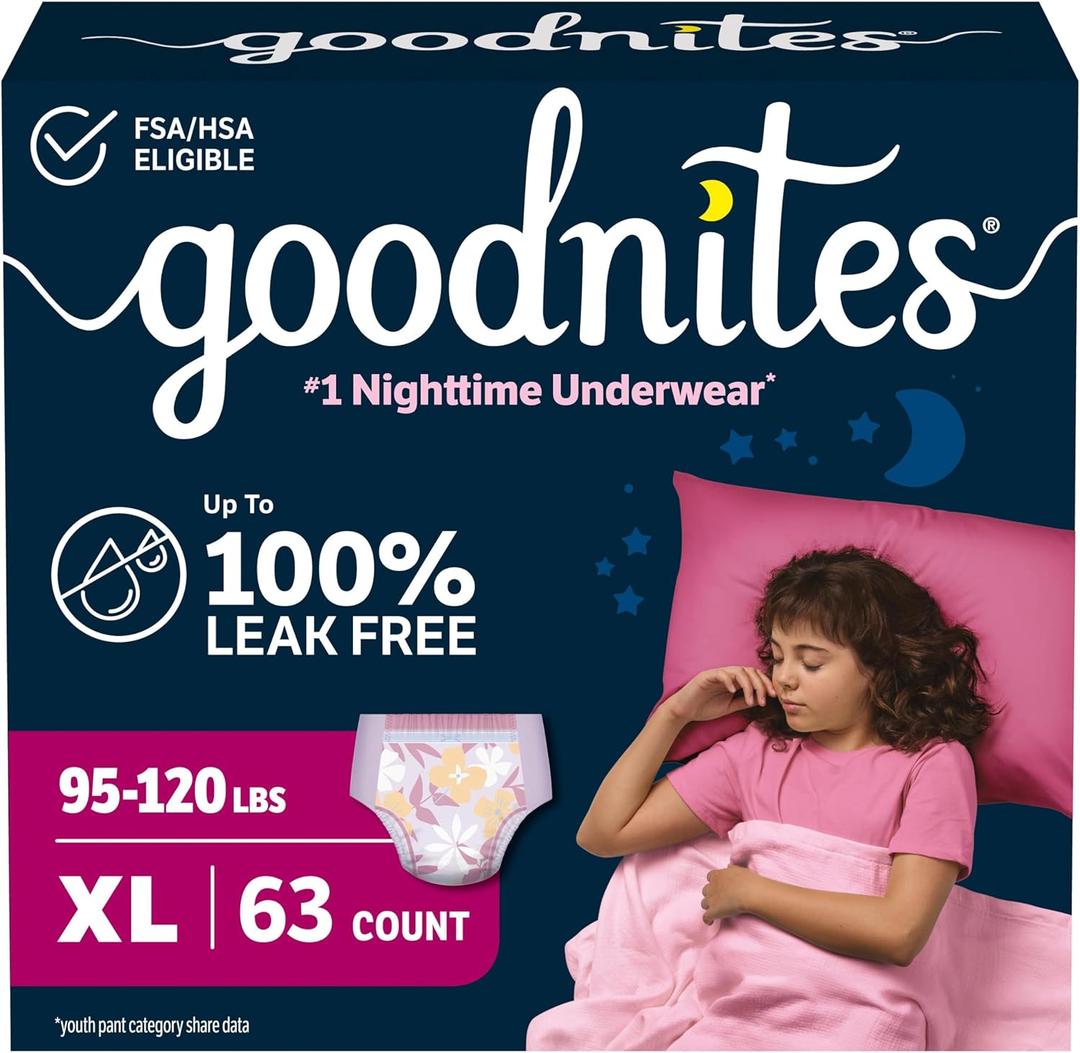 Goodnites Girls' Nighttime Bedwetting Underwear, Size Extra Large (95-120 lbs), 63 Ct (3 Packs of 21)