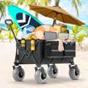 Beach Wagon with Big Wheels for Sand Heavy Duty Collapsible Wagon with 9" All Terrain Inflatable Tires, Foldable Beach Cart for Camping Outdoor Grocery Shopping Garden Sports