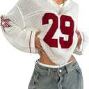 Women's V-Neck mesh Knitted Fashionable Casual Sweater, White and Burgundy, Star Design M