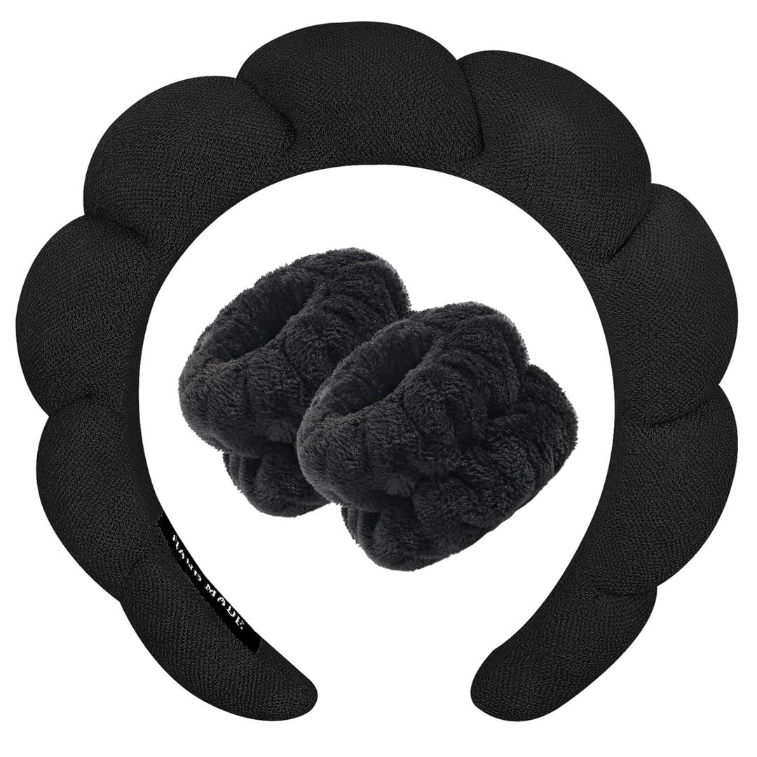 Zkptops Spa Headband for Washing Face Wristband Sponge Makeup Skincare Headband Terry Cloth Bubble Soft Get Ready Hairband for Women Girl Puffy Padded Headwear Non Slip Thick Hair Accessory (Black)