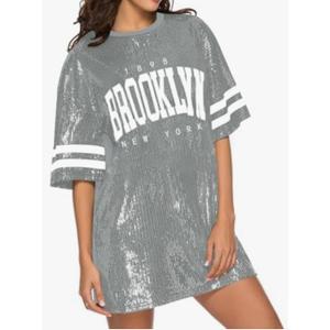 Jigfar Women's Sparkly Sequin Short Sleeve T-Shirt Dress Casual Loose Cute Tunic Blouse, Size: L, Gray