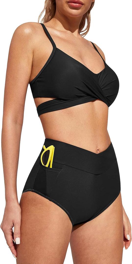 IUGA High Waisted Bikini Sets for Women Wrap Push Up Two Piece Swimsuits Tummy Control Swim Bathing Suits with Pocket (3X-Large, Black)