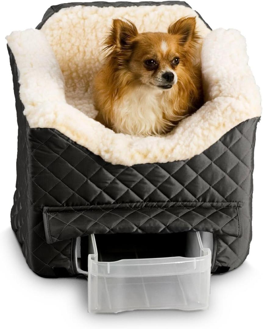 Snoozer Dog Car Seat with Storage Tray: Lookout II Dog Booster Car Seat for Pets up to 18lbs, Helps Alleviate Travel Sickness & Fear for Dogs, Removable Washable Cover Black Quilted, Size Small