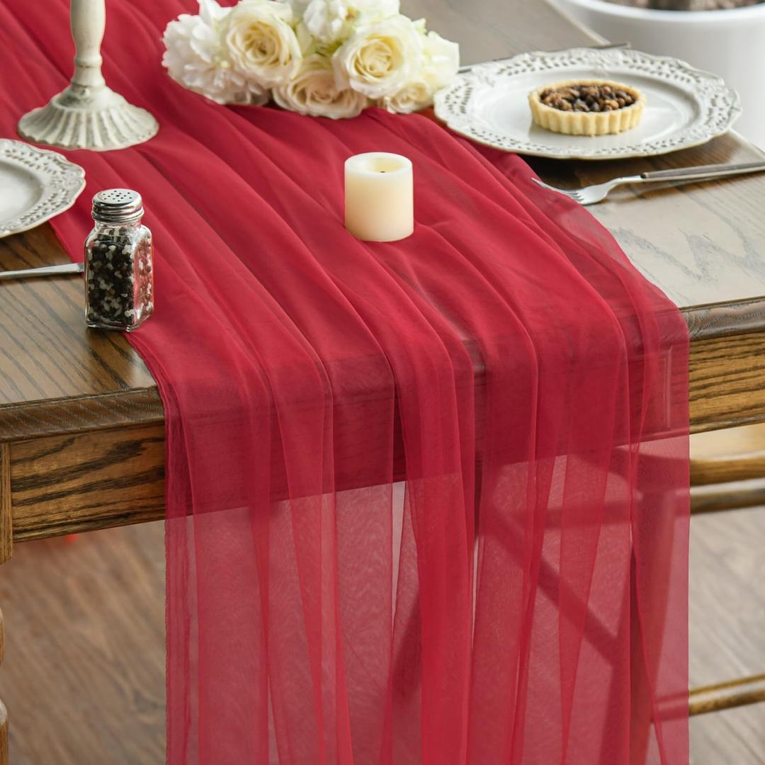 Artoid Mode 6PCS Red Gauze Table Runner 120 Inch 10FT, Seasonal Sheer Kitchen Dining Holiday Wedding Birthday Baby Shower Table Decor for Home Party