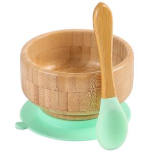 Baby Bamboo Bowls with Suction and Matching Spoon Set - 2PC Feeding Supplies Set for Infant, Toddlers - Detachable Silicone Suction Stay Put Base for Wooden Bowl - BPA Free Mint