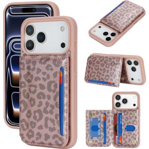 iCoverCase Compatible with iPhone 17 Pro Wallet Phone Case with Card Holder for Women Men, [RFID Blocking] Card Slots PU Leather Protective Wallet Case 6.3 Inch (Rose Gold Leopard)