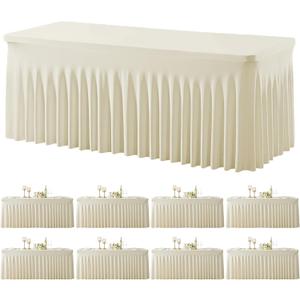 8 Pack Spandex Beige Fitted Table Cloth for 6ft Rectangle Tables Beige Stretch Tablecloth Table Covers Skirt Banquet Wrinkle Free Tablecloths for Parties Wedding