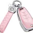 for Chevy Key Fob Cover with Keychain, Pink Genuine Leather Crystal Key Case Protection Shell Compatible with Chevrolet