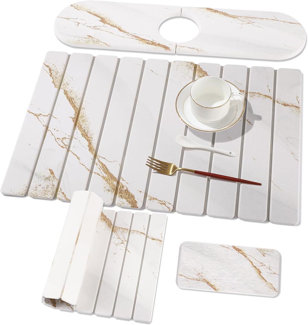 3 PCS Large Stone Dish Drying Mat for Kitchen Counter, Quick Dry Stone Dishes Mats, Sink Faucet Mat, Marble Water Absorbing Diatomaceous Earth Drying Pad for Countertop Tableware, Bottles (24*16inch+16*4inch+8*4inch, White Gold Marble)