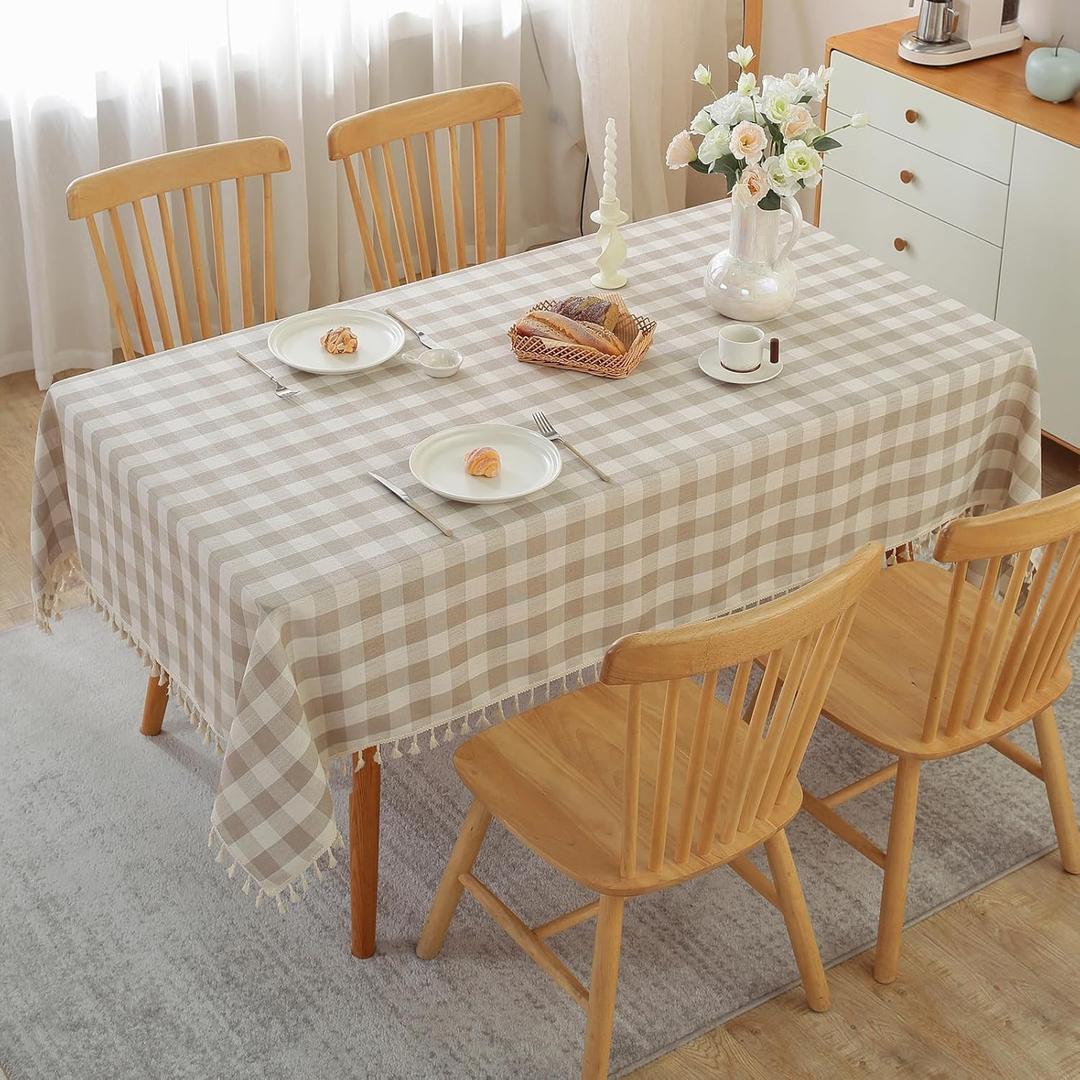 Alsoo Checkered Tablecloth Square Cotton Linen Fabric Gingham Table Cloth Buffalo Plaid Table Cover with Tassel Wrinkle Free Washable for Kitchen Dining Picnic, Beige and Cream, 55X55''