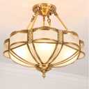 MIXL-24 Inch Brass Chandelier with Glass Lampshade,Art Deco Floral Bedroom Chandelier,Antique Flower Ceiling Mount Lamp,Vintage Style Semi Flush Ceiling Light for Dining Room Kitchen and Hallway