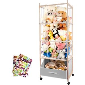Stuffed Animal Storage, 64" Super Large Plush Toy Organizer with Wheels, Wooden Stuffed Animal Holder with Removable Bin, Zoo Plushies Storage for Bedroom/Playroom/Living Room (White)