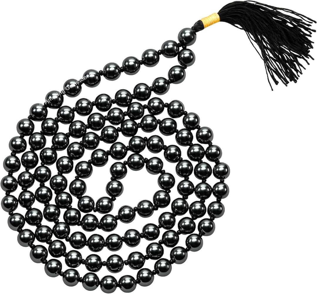 Amazing Gemstone Crystal Mala Beads - 108 Prayer Beads for Meditation and Mindfulness Practice, Handcrafted Mala Beads with Natural Gemstones for Spiritual Healing and Relaxation (Knotted) (Hematite)