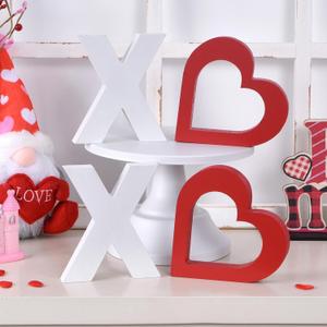Valentines Day XOXO Table Decor, Rustic Valentines Day Home Decorations, Freestanding Wooden Heart Sign for Tiered Tray, Mantel, Shelf, Table, Farmhouse Valentine Decor (White Red)