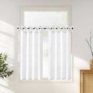 jinchan Tie Top Linen Kitchen Curtains Over Sink 45 Inch Length Tier Curtains Farmhouse Rustic Small Cafe Curtain for Bedroom Living Room Bathroom Half Window Light Filtering Privacy 2 Panels White