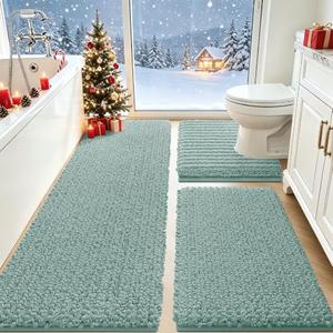 Upgrade Extra Large Deep Green Bathroom Rug Set 3 Pieces Ultra Soft, Thick Absorbent Bath Mats, Non Slip Chenille Toilet Mat for Bathroom, Bedroom, Kitchen, 48"x20"+24"x17"+U Shape24"x20"