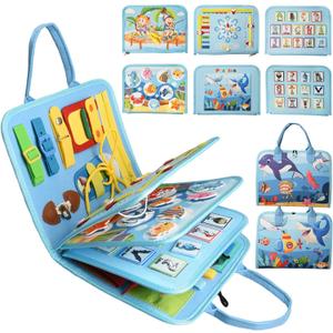 Busy Board Montessori Toys for 1 2 3 4 Year Old Boys & Girls Birthday Gifts, Toddlers Sensory Educational Travel Activities Busy Book with Fishing Game & Alphabet Puzzle & Fine Motor Skills (Light Blue)