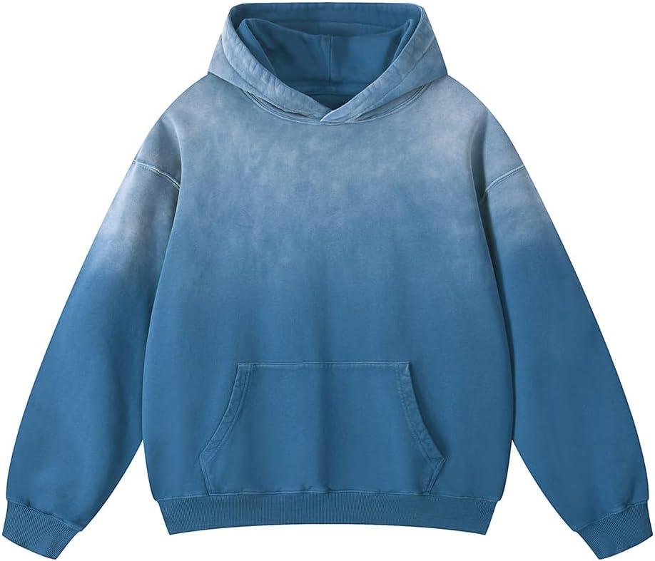 Oversized Acid Wash Hoodie Sweatshirt for Unisex, Heavyweight Vintage Cotton Pullover Streetwear (Medium, Bovine Blue)