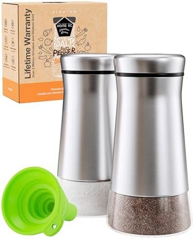 HOME EC Original Salt and Pepper Shakers Set with Adjustable Pour Holes - Glass and Stainless Steel Salt Shaker and Pepper Shaker - Farmhouse Spice dispenser for salts, ground peppercorn and spices