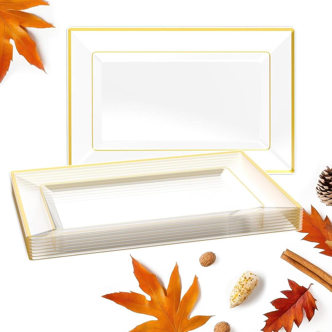 FOCUSLINE 8 PCS Plastic Serving Trays for Party, Clear and Gold Rim Serving Platters and Trays, Premium Plastic Fruit Tray, Disposable Platters for Cupcake, Dessert, Appetizers