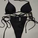Women's Thong String Bikini Set Sexy Brazilian Cheeky Two Piece Triangle Halter Swimsuit Bathing Suits (Black, M)