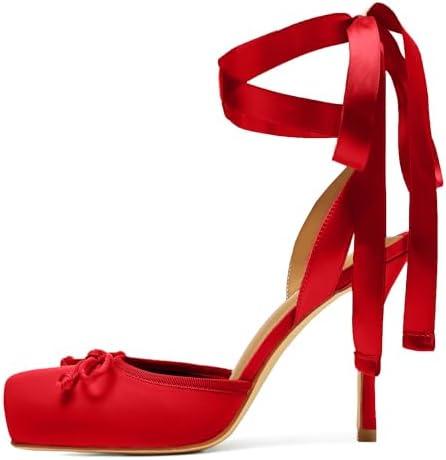 Riekhany Satin Ballet Heels for Women Closed Square Toe Bow Ballerina Heels Lace Up High Heel Slingback Pumps Strappy Stiletto Mary Janes Elegant Party Shoes 8
