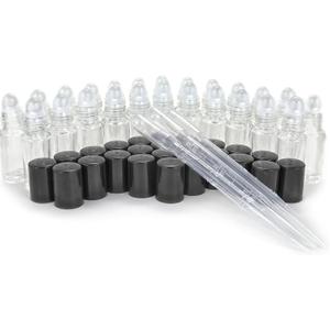 24, Clear, Mini (Approx. 4 ml, 1/8 fl. oz) Glass Roll on Bottles, with 3-3 ml Droppers
