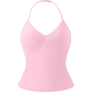 Womens Halter Tank Tops Longline Strappy Top with Built-in Bra V Neck Backless Gym Workout Camis with Adjustable Strap (Pink)