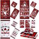 Newwiee 9 Pcs Christmas Bathroom Towels Set 3 Soft Buffalo Plaid Bath Towels 3 Decorative Square Towel 3 Absorbent Hand Towel, Assorted Sizes, for Xmas Decor Spa(Red,Gnome)