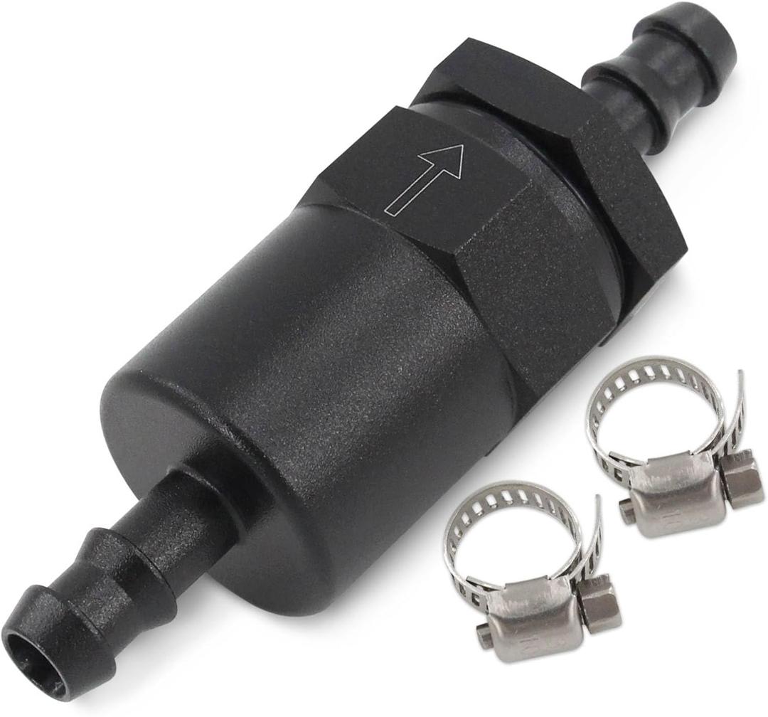 3/8" Billet Aluminum Barb Inline Fuel Filter 30 Micron with 2 Clamps Black Universal Fit for gasoline, diesel, but not for E85 fuel (3/8")