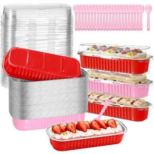 Vesici 60 Pcs Mini Loaf Pans with Lids and Spoons 6.8 oz Disposable Rectangle Aluminum Foil Baking Pans for Party Muffin Cheesecake(Red,Pink)
