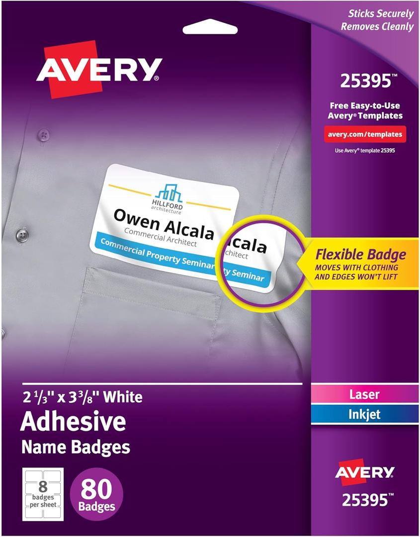 Avery Flexible Printable Name Tag Stickers, 2-1/3" x 3-3/8", Matte White, Removable Adhesive, Laser & Inkjet Compatible, 80 Name Badges Total, Great for Networking, Events, and More (25395)